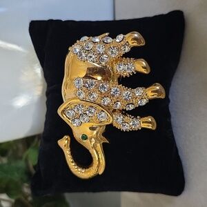 Vintage Gold Elephant Brooch Pin with Cubic Zirconia
